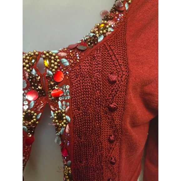 Nadine Petite Embellished Cardigan Sweater Beaded Cropped Red P/M‎ - Picture 5 of 7